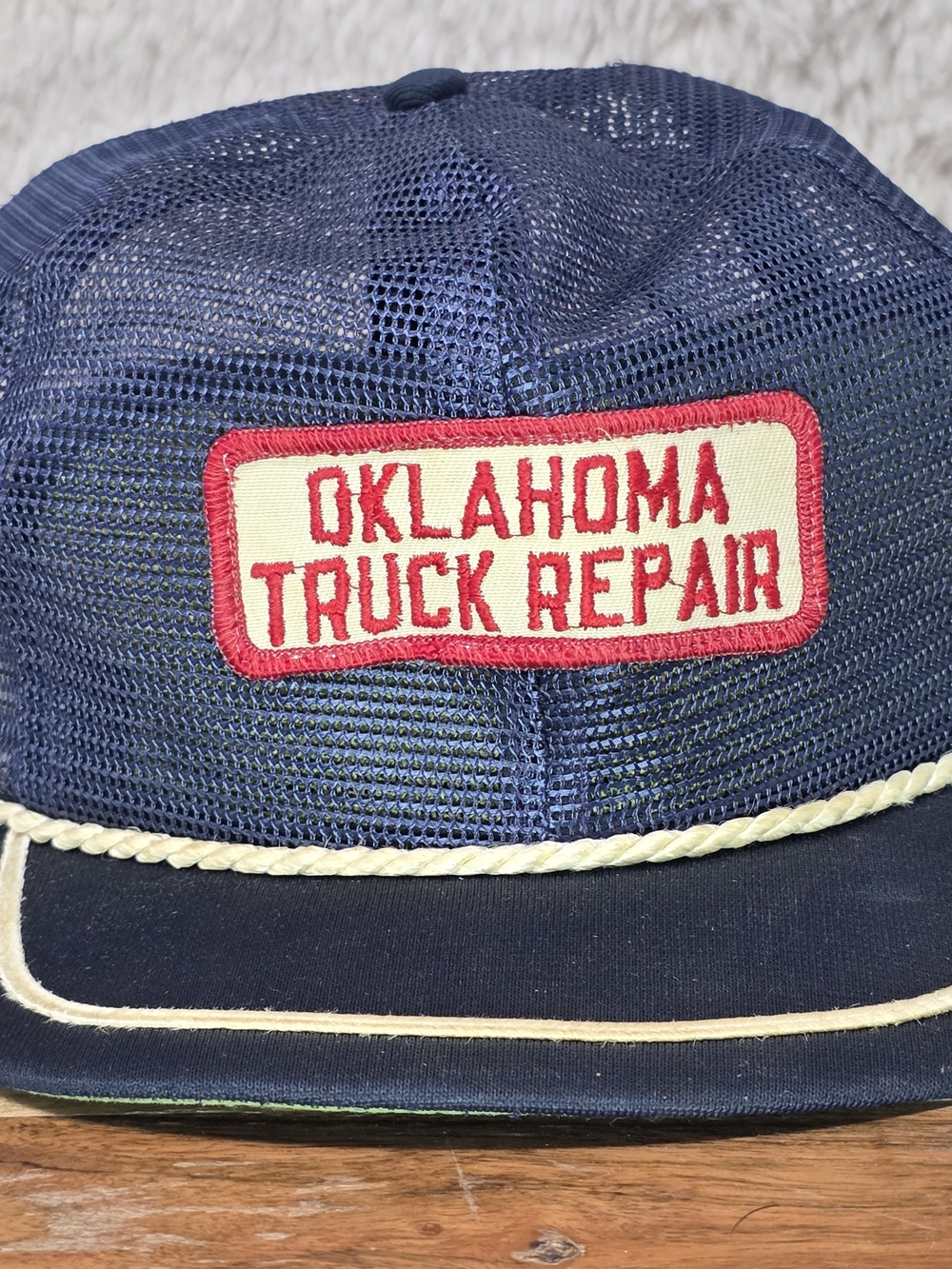 Vintage 70s 80s Oklahoma Truck Repair Navy Mesh Trucker Cap with Red Patch